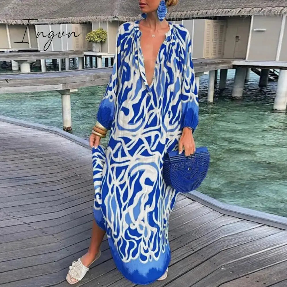 Ingvn - Autumn New Women's Loose Long Sleeves Dress Casual Printed Long Sleeves Streetwear Ladies Fashion V Neck Elegant Commute Dresses
