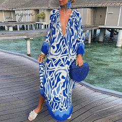 Ingvn - Autumn New Women's Loose Long Sleeves Dress Casual Printed Long Sleeves Streetwear Ladies Fashion V Neck Elegant Commute Dresses