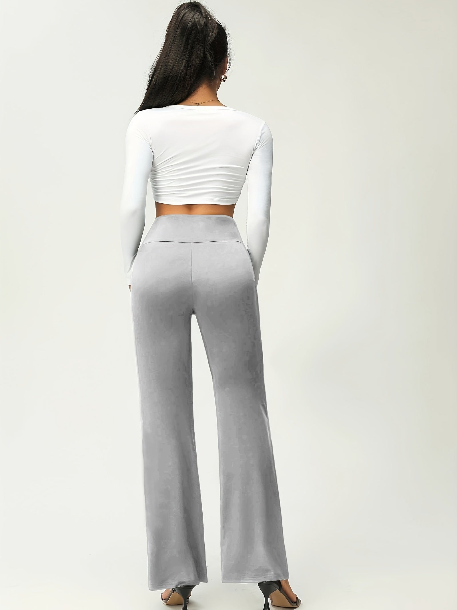 Women's Solid Flare Leg Pants, High Waist Stretchy Pants, Casual Every Day Pants, Women's Clothing