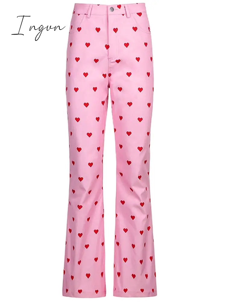 Ingvn - 2023 Fashion Trends Y2K Pink Pants Heart Printed Sweet Trousers Vintage Aesthetic Party Pants Pockets Joggers Festival Outfits Women New