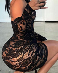 Voguable Lace Up Drawstring Ruched Women Halter Lace Mini Dress  Hollow Out Backless Bodycon Sexy Streetwear See Through