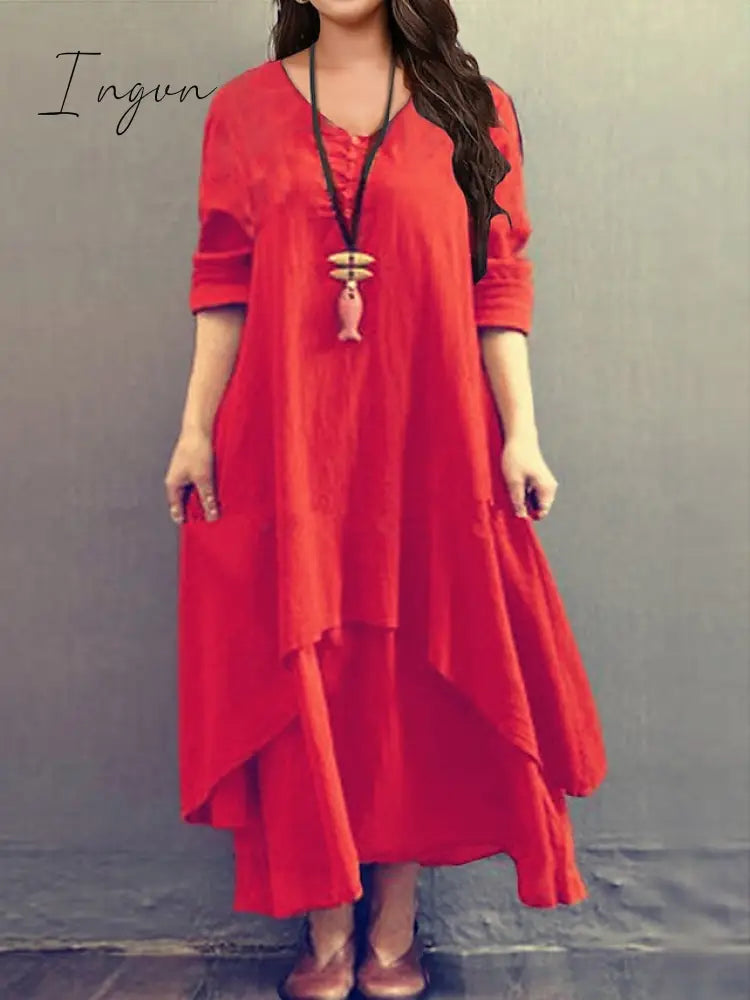Ingvn - Women's Plus Size Casual Dress Swing Dress Solid Color Long Dress Maxi Dress Long Sleeve Button Fake two piece V Neck Basic Daily Black White Summer Spring L XL XXL 3XL 4XL