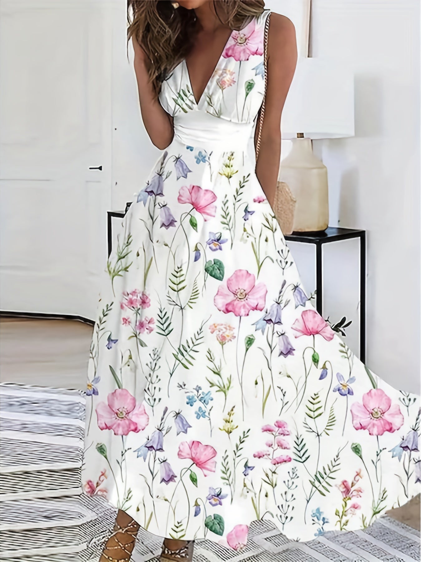 Floral Print Sleeveless Dress, Boho V Neck Simple Maxi Dress, Women's Clothing
