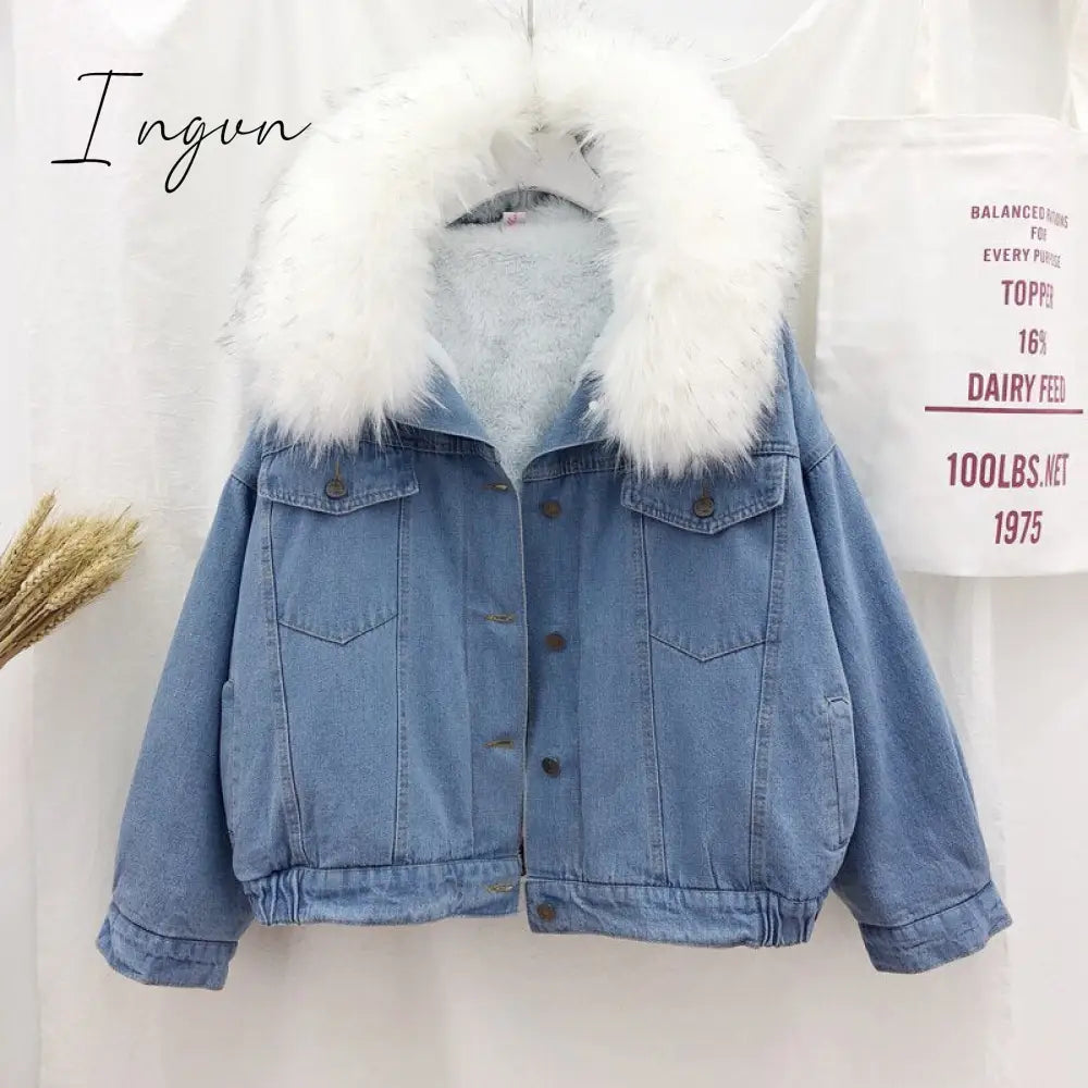 Ingvn - velvet thick denim jacket female winter big faux fur collar Korea denim  coat female student short coat