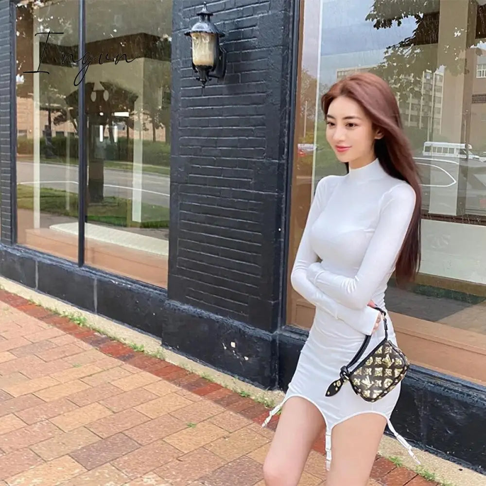 Ingvn - Womens Fashion Casual White Crew Neck Dress Crochet Long Sleeve Bodycon Sexy  Chic And Elegant Woman Dress Corset Party Nightclub Clothing