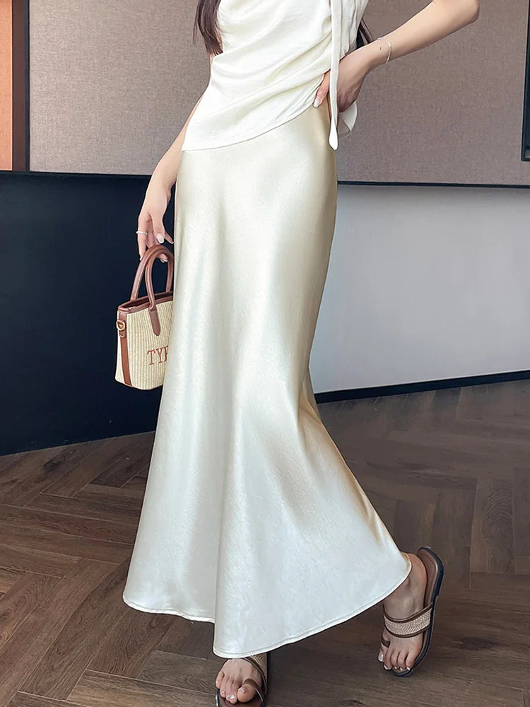 Chic Satin Elegant Long Skirt Women Casual Fashion High Waist Sweet Trumpet Skirts Slim Summer Female Korean Long Skirts