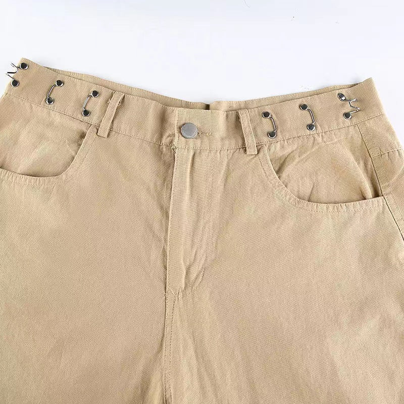 Khaki Oversized Cargo Baggy Pants Y2K Hip Hop Style Loosed  Adjustable Waist Drawstring Long Pant Streetwear 90s Style Clothes
