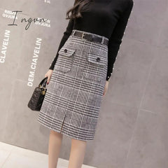 Ingvn - With Belt Autumn and Winter Houndstooth Skirt Women's Split Long Woolen Tartan Skirt Woman Skirts Mujer Faldas Saias Mulher