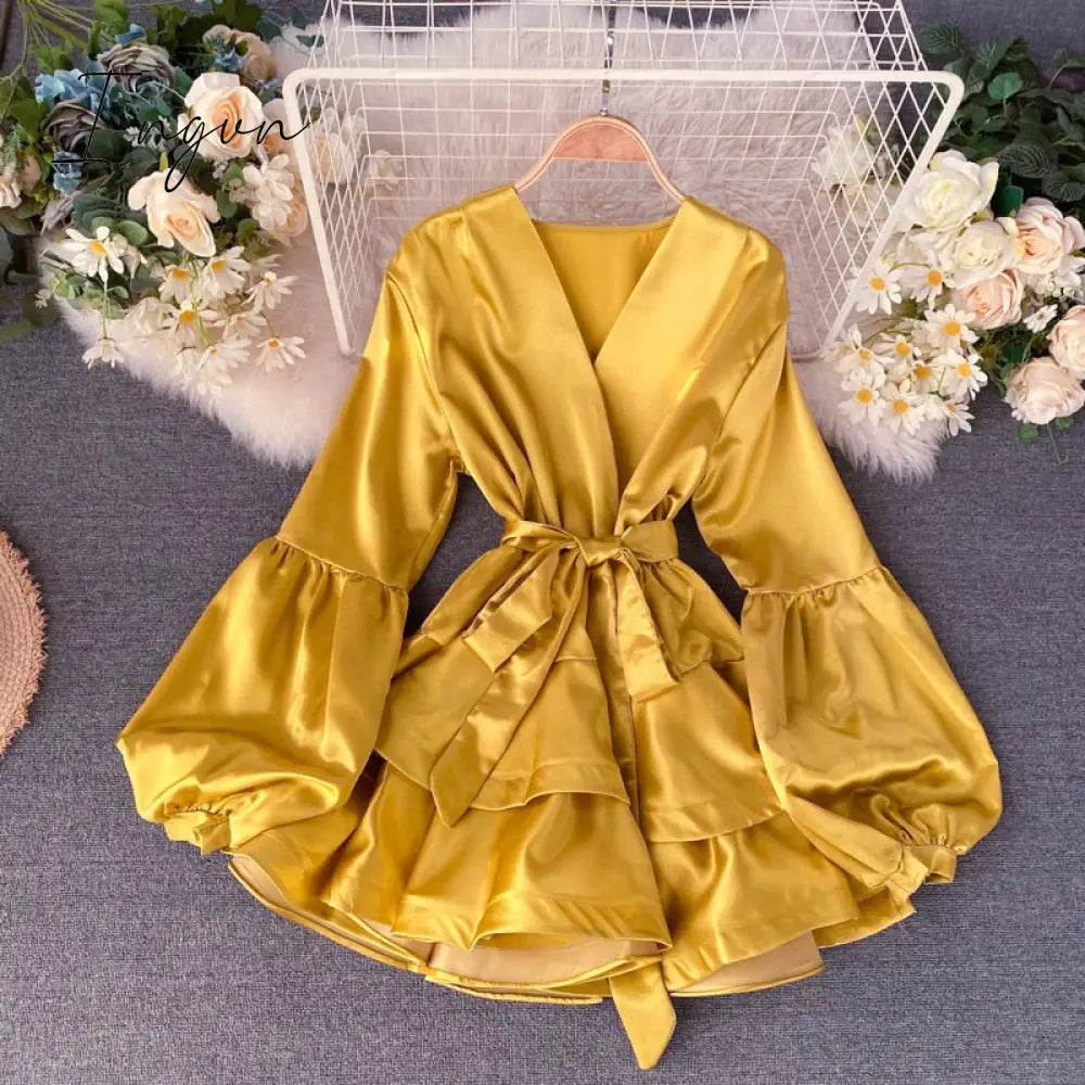 Ingvn - White Party Evening Dress for New Year Women Satin Silk Mini Long Lantern Sleeve Elegant Short Casual Dresses