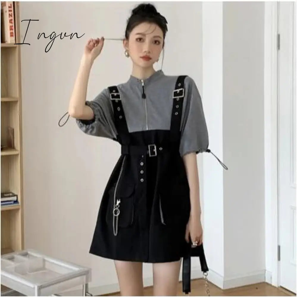 Ingvn - Retro Vintage Women Gothic Girls Punk Mini Dress High Waist Long Sleeve Hat Collar Sexy Gry Black Lolita Plus Size Jurken