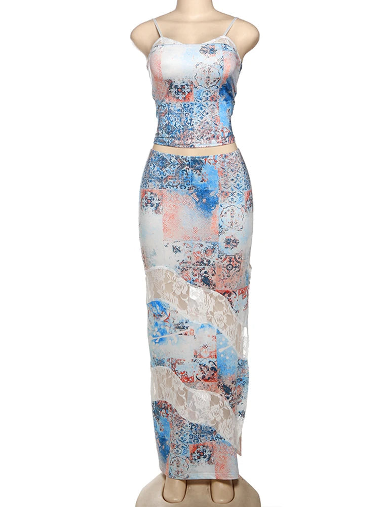 Colorful Fashion Print 2 Piece Set Women Sexy Backless Camisole+Mesh Patchwork Long Skirts Vacation Streetwear Outfits