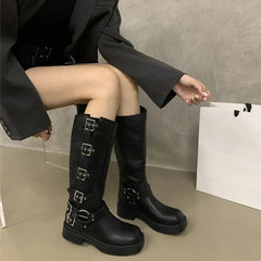 Ingvn  Square Toe Women Western Cowgirl Boots Fashion Belt Buckle Knight Long Booties Autumn Winter Female Low Heel Shoes