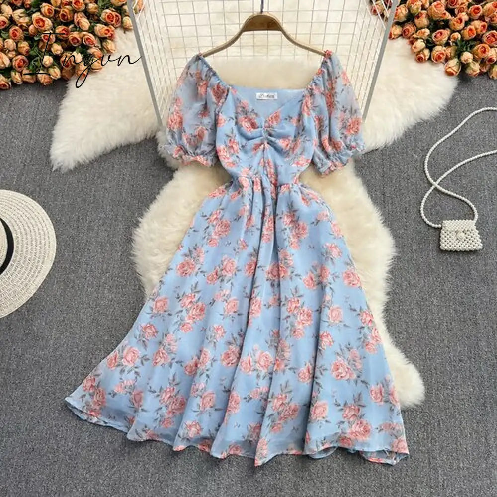Ingvn - Summer Outfits Ladies French Retro V-neck Floral Women Dress Elegant Draped Flowers Short Puff Sleeves Slim Fairy Mid-calf A-line Dress