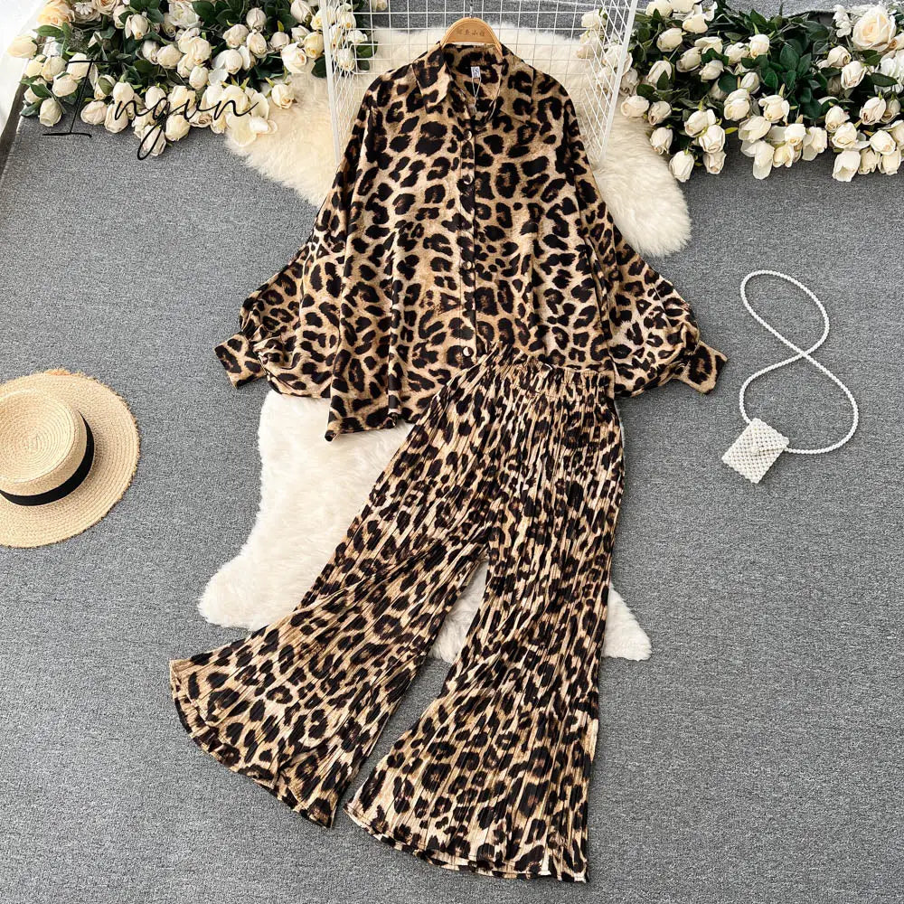 Ingvn - Women's Dress Spring Retro Print Casual Set Design Batwing Sleeve Single Breasted Blouse+High Waist Long Pants Two Piece Suits