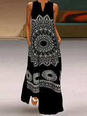 Flawless Mandala Floral Maxi Dress - Chic Notched Neck, Sleeveless Elegance - Fashionable Womens Clothing with Timeless Aesthetics