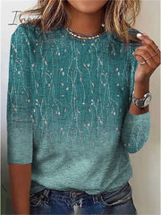 Ingvn - Women's T shirt Tee Blue Floral Print Long Sleeve Holiday Weekend Basic Round Neck Regular Floral Painting