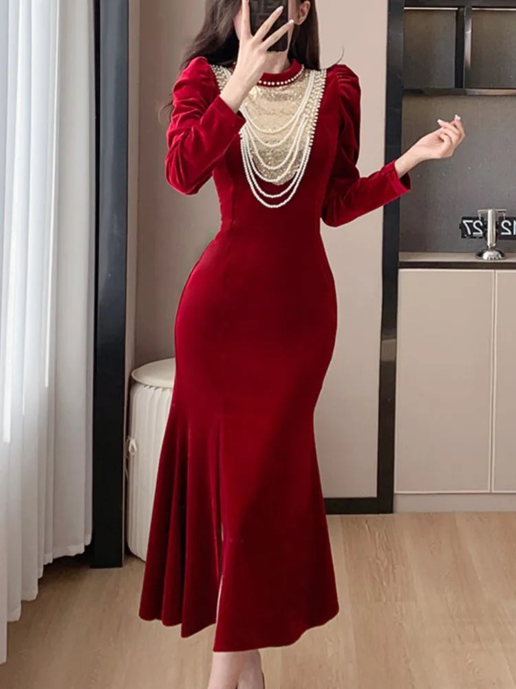 Autumn Elegant Black Velvet Dresses for Women Long Sleeve Stand Collar Mermaid Evening Party Dress Prom Robe Vestidos Mujer New