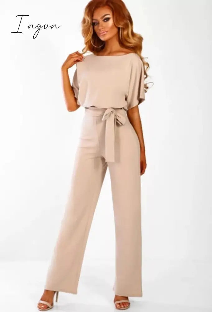 Ingvn - Women Summer Jumpsuit Short Sleeve Elegant jumpsuit Long wide leg Pants High waist Casual Bodysuit Plus Size Overalls Loose