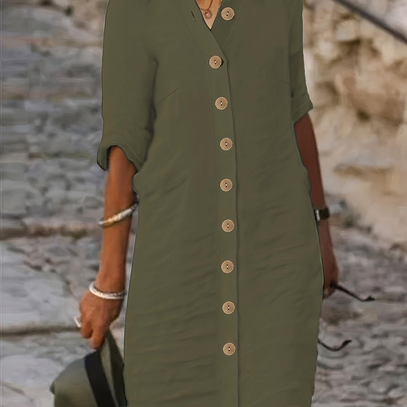 Chic Midi Dress with Button Detail - Womens Half Sleeve Casual Dress - Versatile Day-to-Night Style