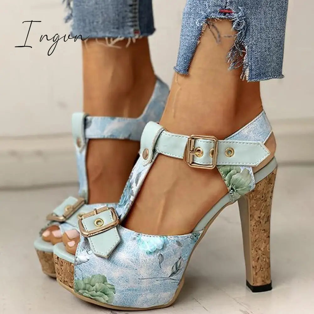 Ingvn - Flower Print Peep Toe Platform Chunky Heels