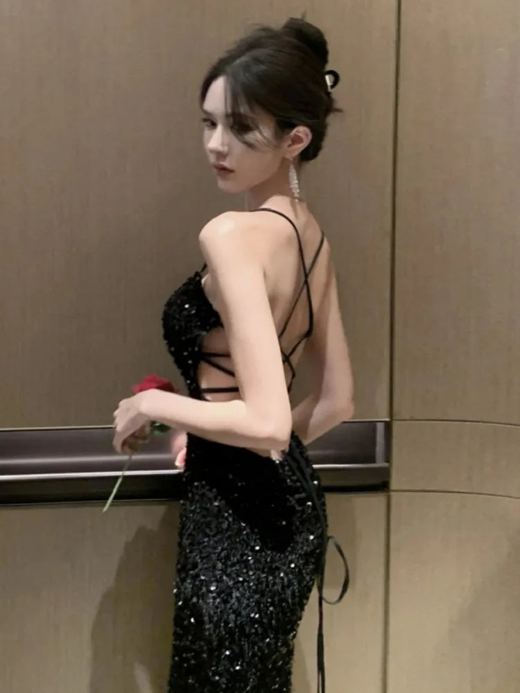 Party Dresses Women Criss Cross Sequins Backless Bandage Sleeveless Slim Vintage Sexy Party Dress Temperament Chic