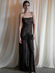 Lace Spaghetti Strap Sexy Maxi Dress Women Fashion Patchwork Sleeveless Backless See Through Club Party Long Dress
