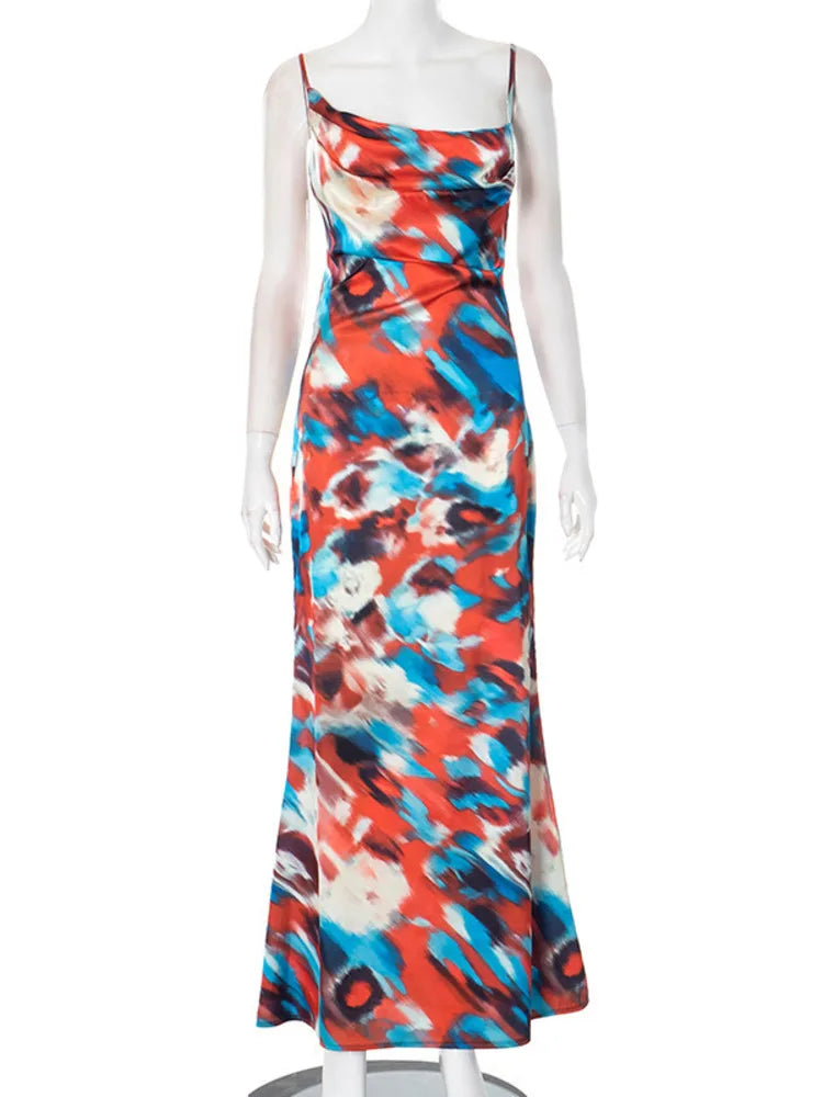 Spaghetti Strap Print Sexy Maxi Dress For Women Gown Fashion Hollow Out Sleeveless Backless Bodycon Club Long Dress
