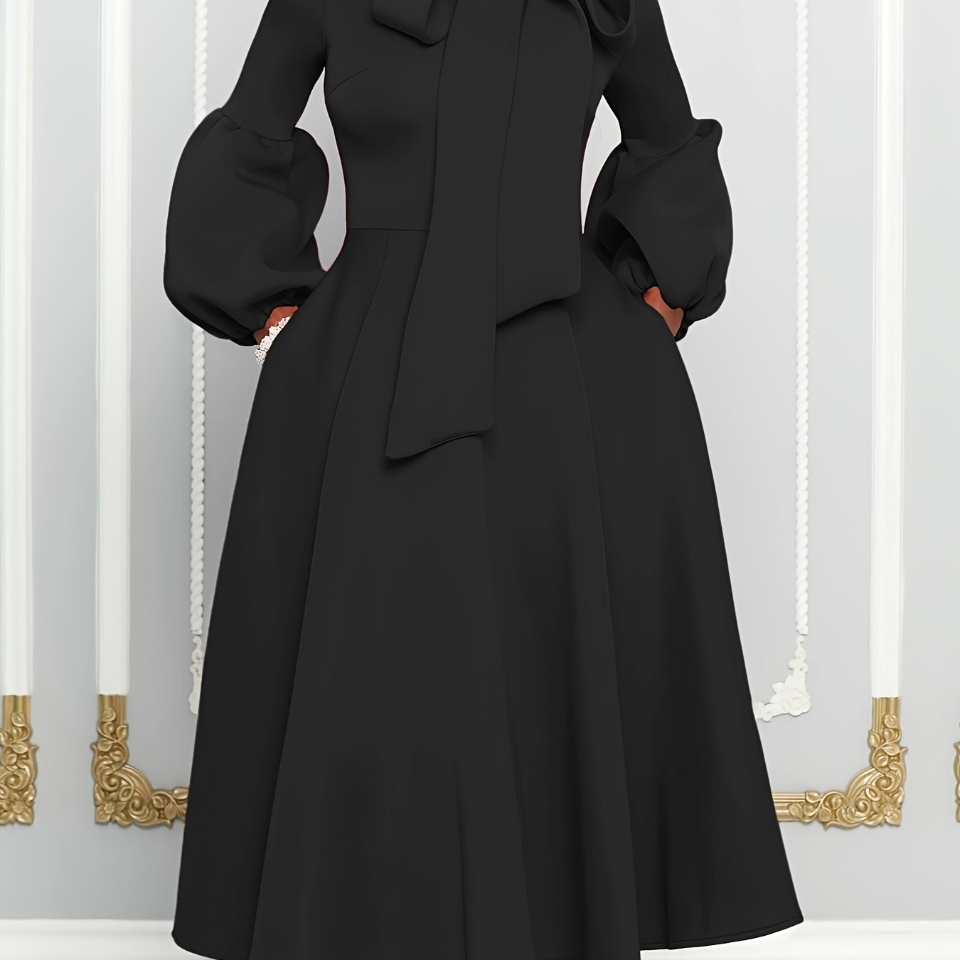Solid Color Tie Neck Aline Dress, Elegant Ruffle Trim Lantern Sleeve Dress For Spring & Fall, Women's Clothing