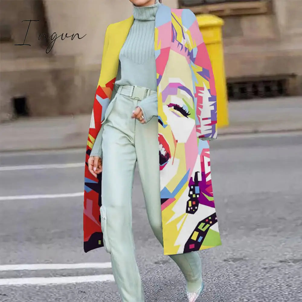 Ingvn - Casual Lapel Long Sleeve Blend Wool Coats Fashion Portrait Print Women Long Overcoat Winter Elegant Lady Cardigan Outerwear