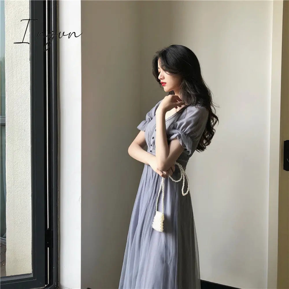 Ingvn - 2023 Summer Mesh Dress Women Puff Sleeve V-neck A-line Slim Korean Style Mesh Retro DressElegant Vintage Vestidos Female News