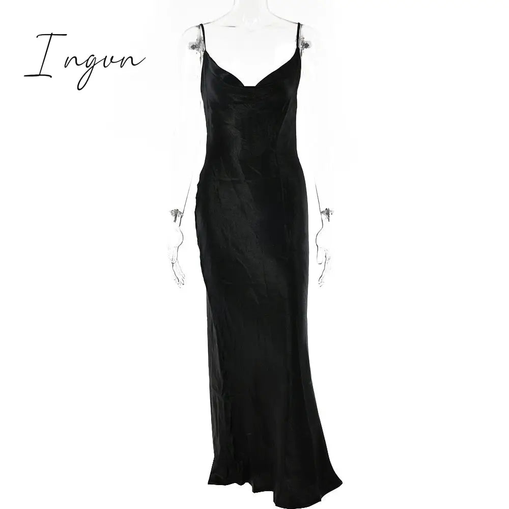 Ingvn - Summer Dresses For Women Sexy Spaghetti Strap Backless Summer Dress Women Satin Lace Up Trumpet Long Dress Elegant Bodycon Party Dresses