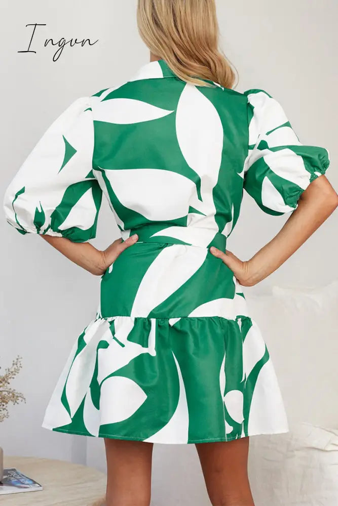 Ingvn - Casual Geometric Print Bandage Turndown Collar A Line Dresses