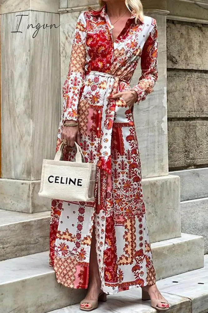 Ingvn - Elegant Floral Pocket Frenulum Turndown Collar Shirt Dress Dresses