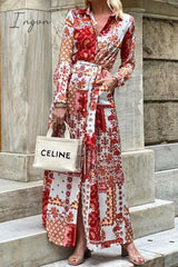 Ingvn - Elegant Floral Pocket Frenulum Turndown Collar Shirt Dress Dresses