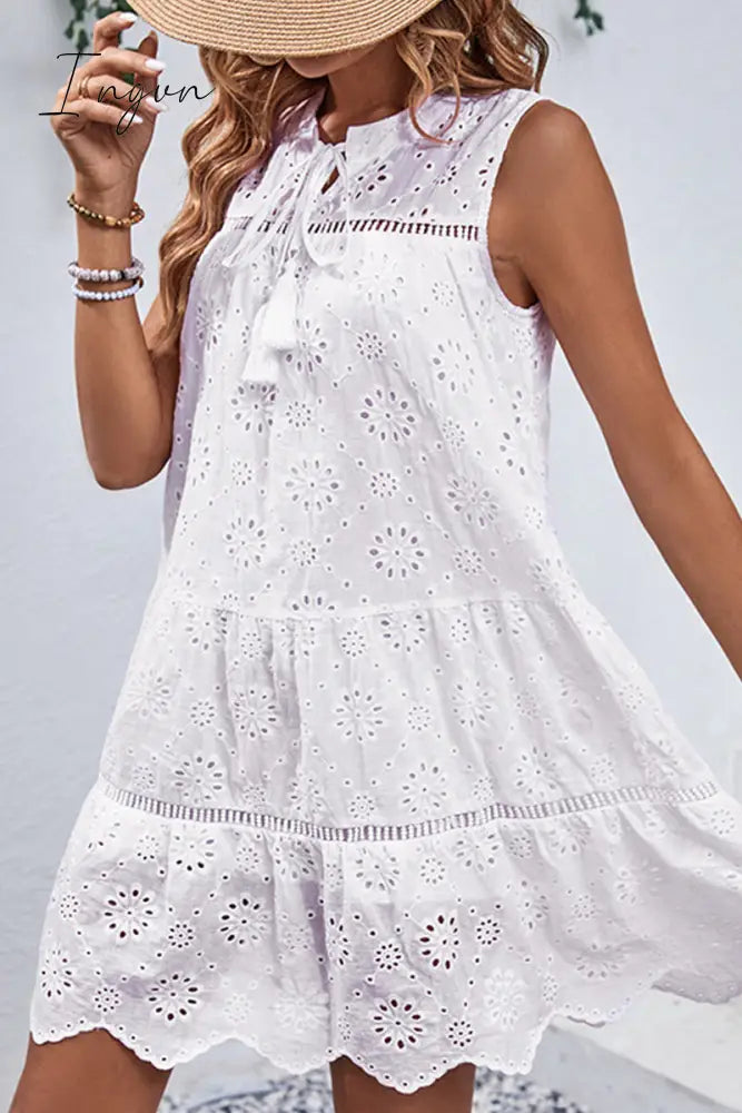 Ingvn - Casual Simplicity Solid Tassel Hollowed Out O Neck Sleeveless Dress Dresses