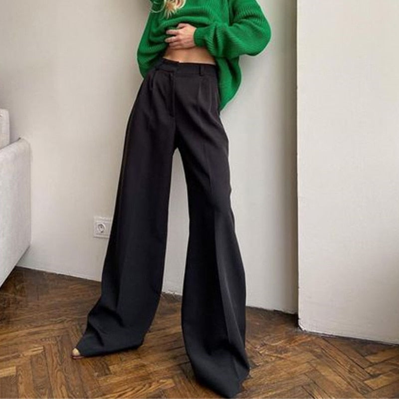 Voguable  Women High Waist Pants Casual Loose Office Lady Trousers Spring Summer New Fashion Solid Wide Leg Floor-Length Pants Female