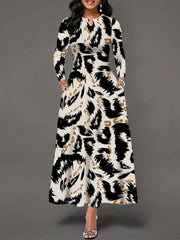 Stylish Women's Long Sleeve Maxi Dress with Pockets - Elegant Leopard Print, Crew Neck, Stretchy Polyester Blend for Fall/Winter