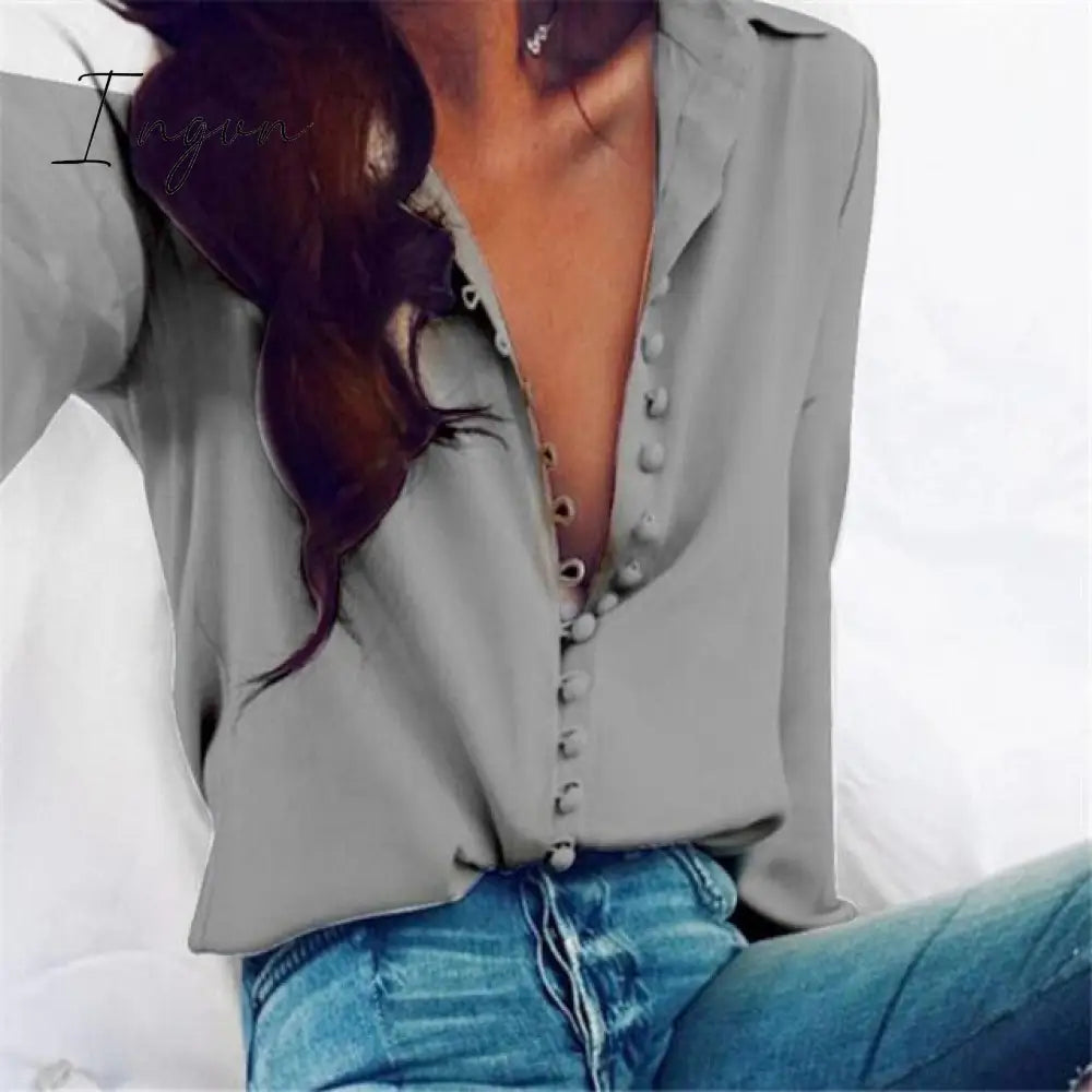 Ingvn - Fashion Women Blouse Shirt  Spring Women Clothing Solid Buttons Long Sleeve Shirts Tops Ladies OL Shirt White Office Shirt