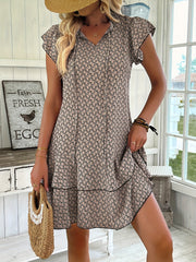 Elegant Ruffled Tie Neck Dress - Women's Spring & Summer Layered Dresses with Allover Print - Perfect for Elegant Dressing Occasions