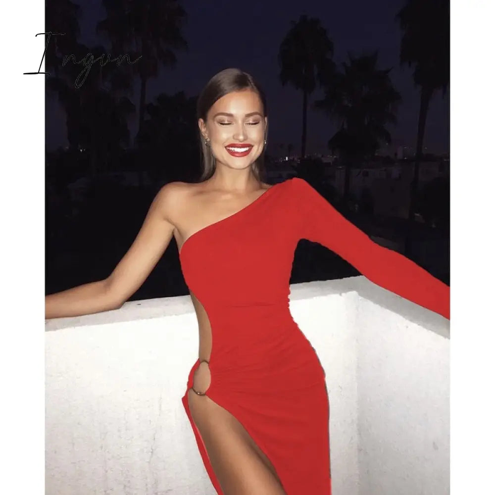 Ingvn - Summer Outfits One Shoulder Hollow Out High Split Sexy Dress Elegant Summer Dress Women Party Club Dresses Female New Black Bodycon Dress
