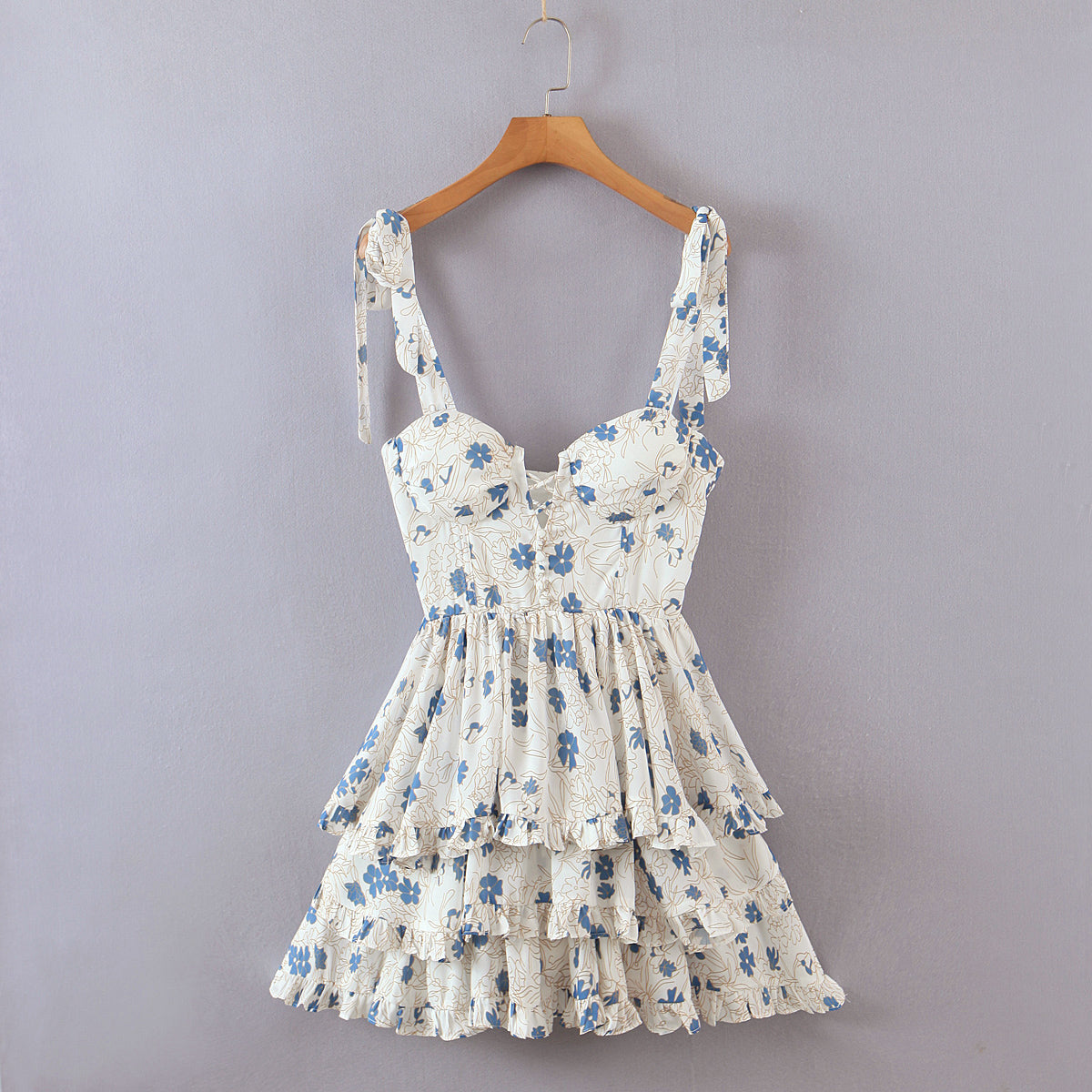 Voguable  Summer Sexy Sling Dress Women Floral Print Layer Ruffle Cake Mini Dress Sweet Ladies Holiday Party Short Robe Chic Vestido