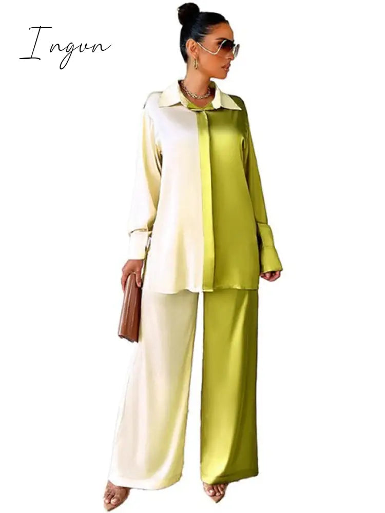 Ingvn - Women Elegant Satin Two Piece Sets Casual Feamle Solid Loose Outfits Long Sleeve Shirt And Wide Leg Straight Pants Suits