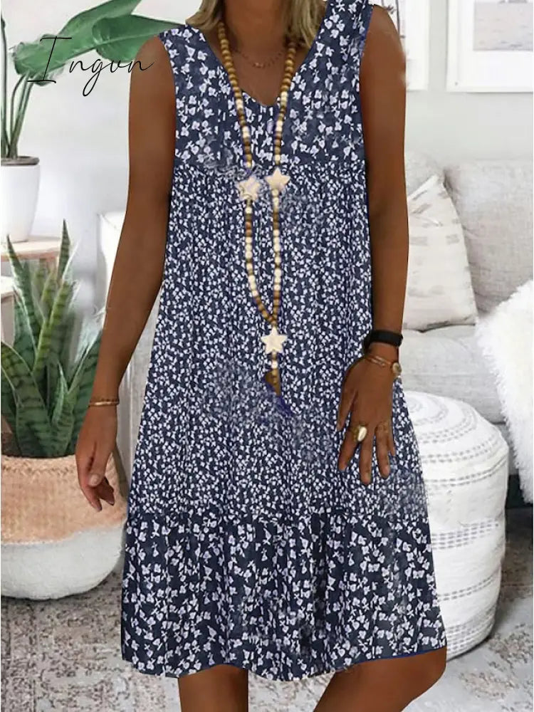 Ingvn - Women's Casual Dress Shift Dress Midi Dress Brown Sleeveless Floral Print Spring Summer V Neck Basic Daily Weekend 2023 S M L XL XXL 3XL