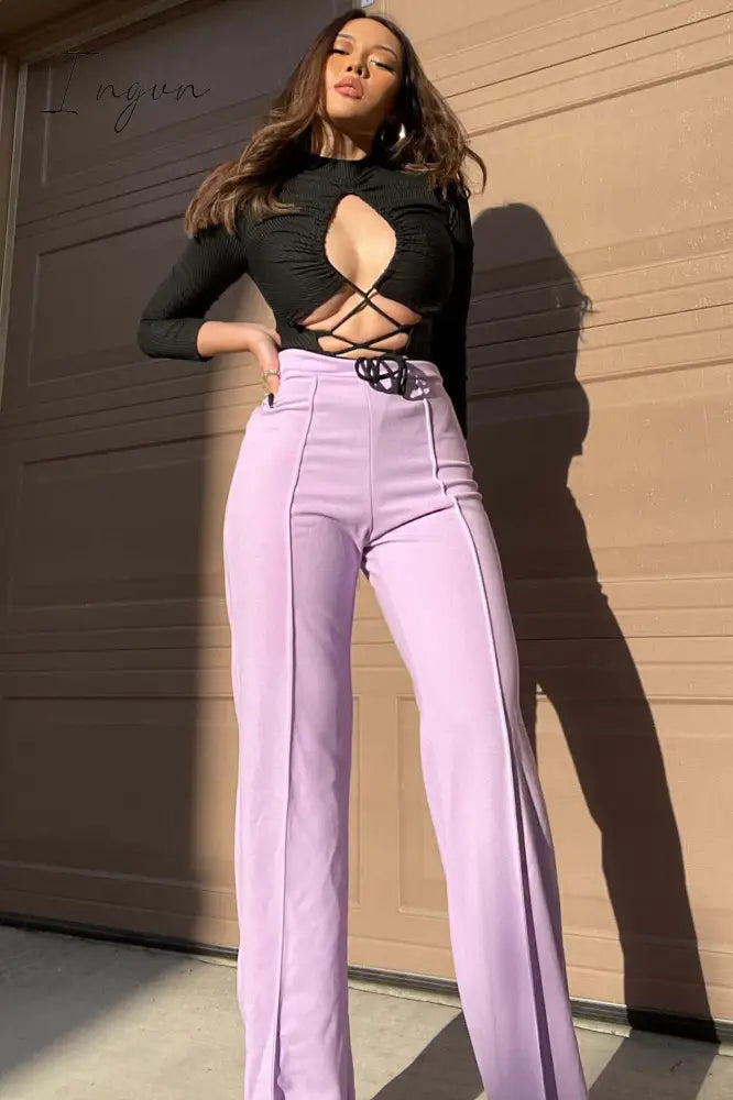 Ingvn - Spring  Autumn New Slim Solid Tone Flare Pants Fashion Korean Version Elastic Waist Street Dress Women Suit Wide Leg Pants