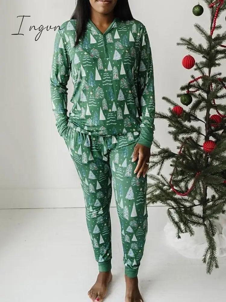 Ingvn - Women's Pajamas Sets Trees Fashion Casual Comfort Christmas Cotton Breathable V Wire Long Sleeve Shirt Pant Button Fall Winter Pink Green