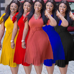 Ingvn - Women Pleated Dresses High Waist Short Sleeves A Line Modest African Office Ladies Work Wear Date Elegant Classy Robes Vestidos