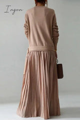 Ingvn - Casual Solid Patchwork Fold O Neck Long Sleeve Dresses