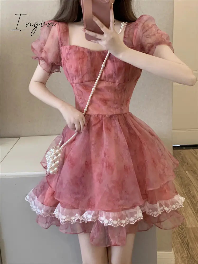 Ingvn - Pink Floral Short Party Dress Sexy Lace Puff Fairy Kawaii Clothing Mini Dress Fashion Birthday Lolita Dress Women Summer 2023
