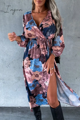 Ingvn - Elegant Floral Slit V Neck Printed Dress Dresses