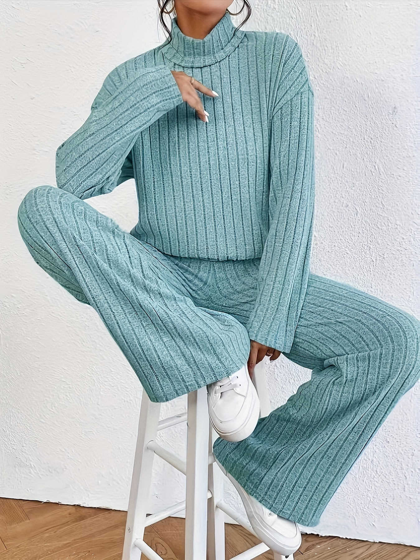Ribbed Mock Neck Two-piece Set - Cozy Long Sleeve T-shirt with Ribbed Mock Neck Design, Flattering Wide Leg Pants for a Comfortable Fit, Effortless Casual Style - Perfect for Womens Everyday Wear, Ideal Outfits for Daily Life